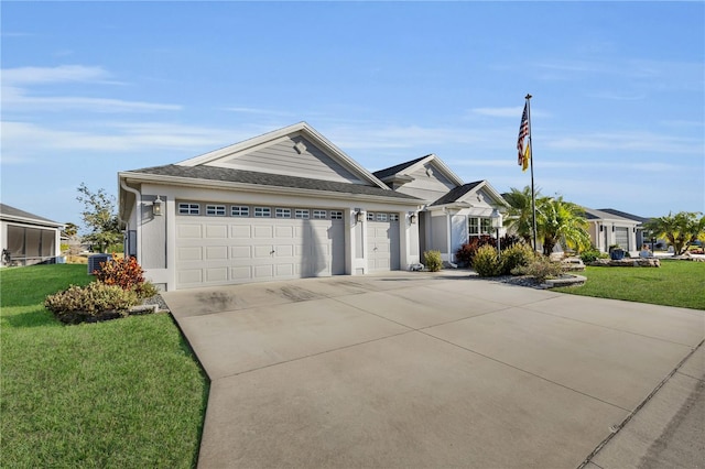 ranch-style home with a garage, central AC unit, and a front lawn