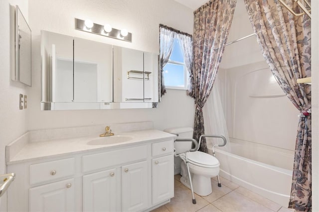 full bathroom featuring shower / tub combo with curtain, vanity, toilet, and tile patterned flooring