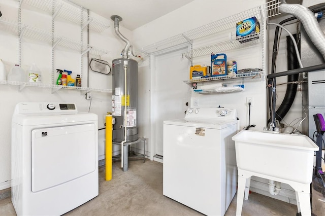 laundry room featuring water heater, separate washer and dryer, and sink