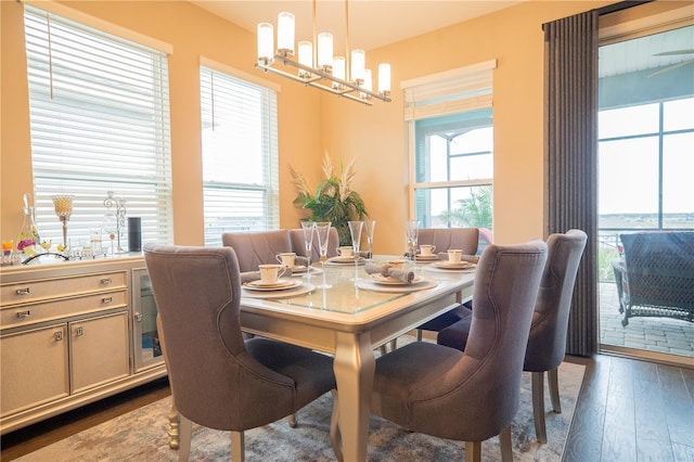 dining space with a notable chandelier and dark hardwood / wood-style flooring