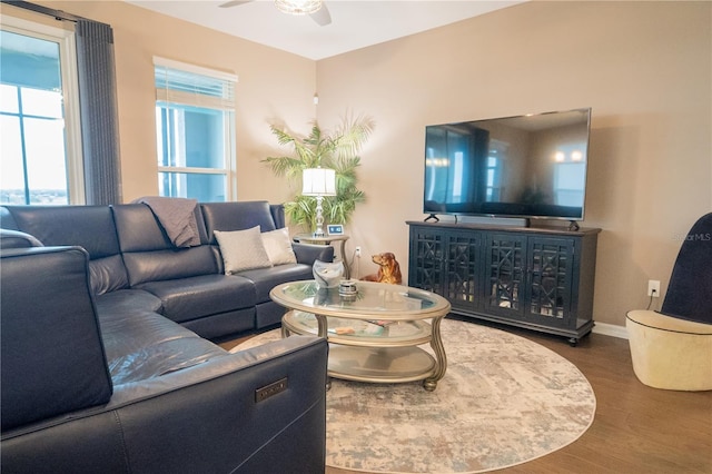 living room featuring dark hardwood / wood-style flooring and ceiling fan