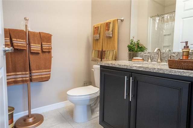 bathroom featuring tile patterned flooring, vanity, toilet, and a shower with shower curtain