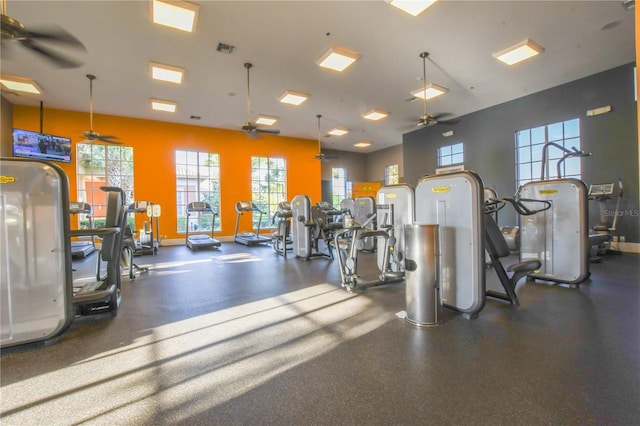 exercise room featuring ceiling fan