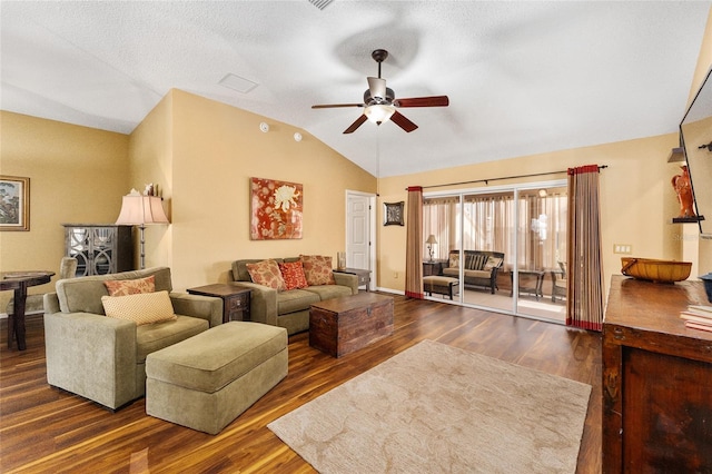 living room featuring lofted ceiling, a textured ceiling, dark hardwood / wood-style flooring, and ceiling fan