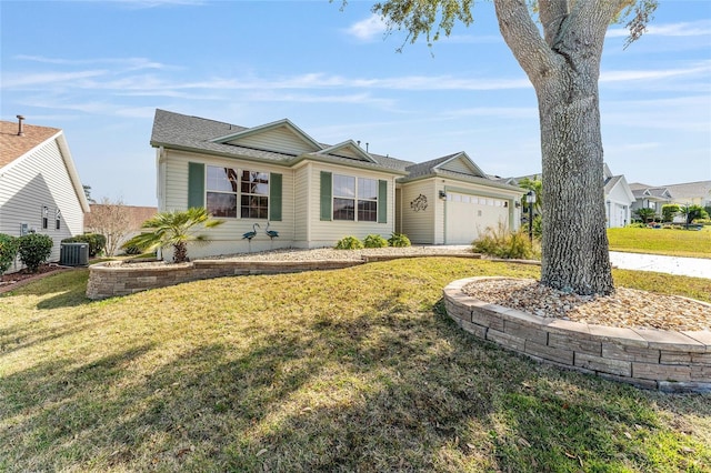 ranch-style home featuring a garage, central AC unit, and a front lawn