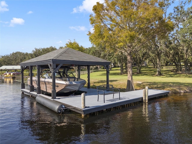 dock area with a water view and a yard