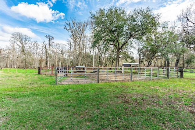 view of yard featuring an outdoor structure and a rural view