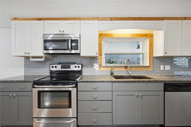 kitchen featuring sink, gray cabinets, stainless steel appliances, and white cabinets