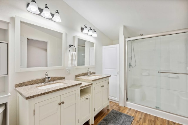 bathroom with vanity, hardwood / wood-style floors, and a shower with shower door