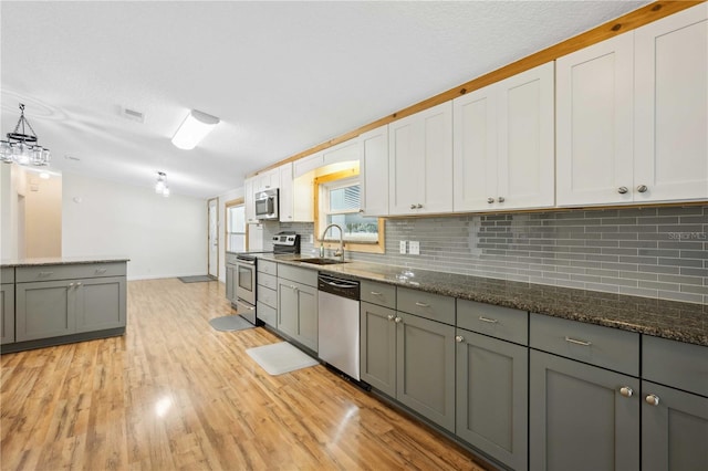 kitchen featuring sink, gray cabinetry, white cabinetry, dark stone counters, and stainless steel appliances