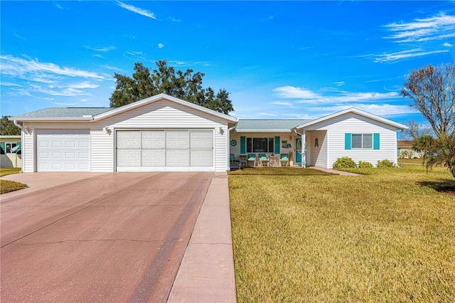 ranch-style house with a garage, a porch, a front lawn, and concrete driveway