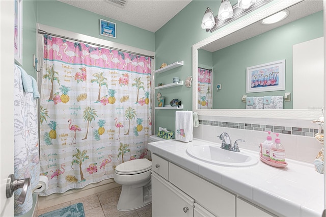 full bathroom with toilet, a textured ceiling, vanity, shower / bath combo, and tile patterned flooring