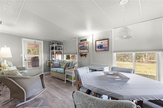 dining room with hardwood / wood-style flooring and a drop ceiling