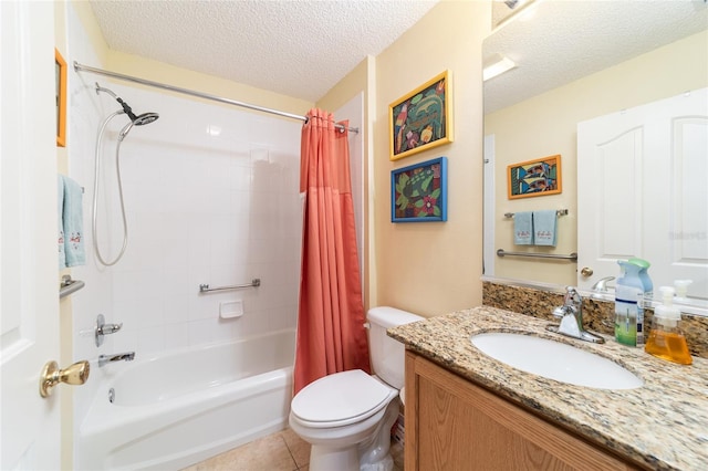 full bathroom featuring vanity, shower / bath combination with curtain, a textured ceiling, tile patterned floors, and toilet