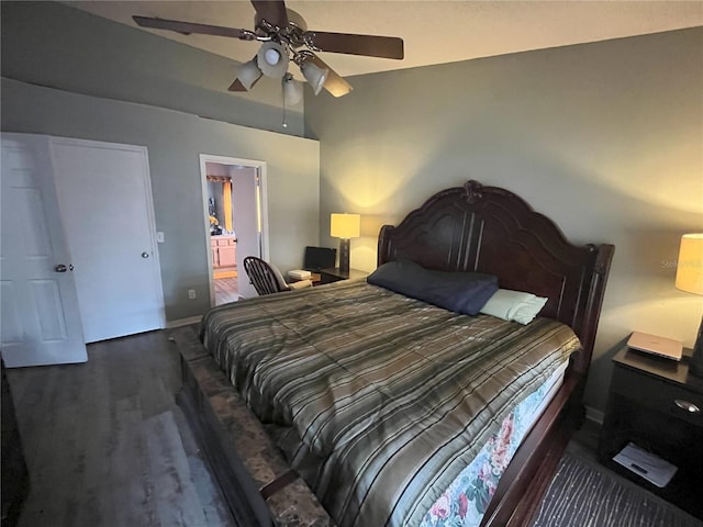 bedroom with dark hardwood / wood-style floors and ceiling fan