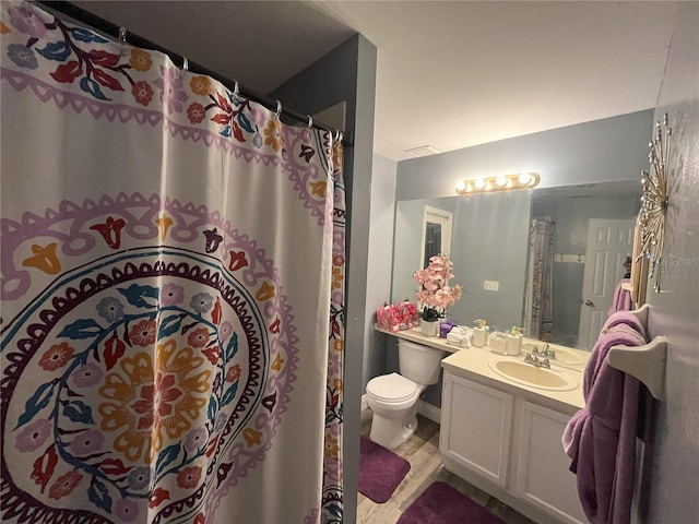 bathroom with vanity, wood-type flooring, and toilet