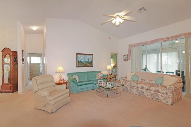carpeted living area featuring visible vents, a ceiling fan, and high vaulted ceiling