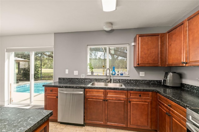 kitchen featuring sink, range, dark stone countertops, dishwasher, and a wealth of natural light