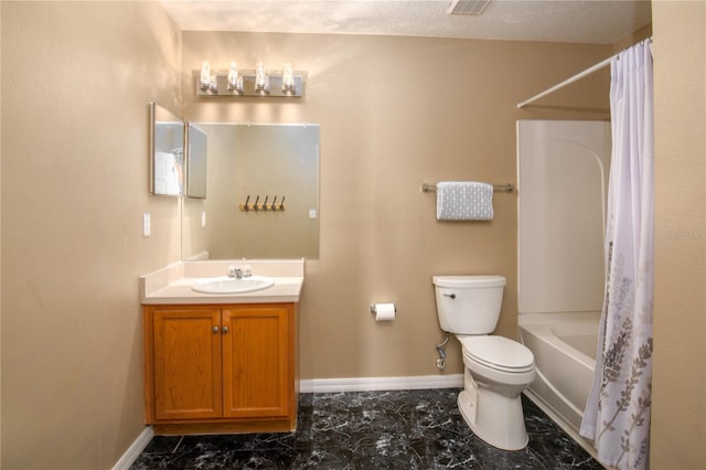 full bathroom with vanity, toilet, and shower / bath combo with shower curtain