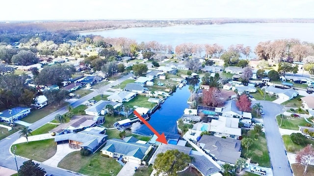 drone / aerial view featuring a water view