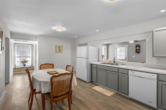 kitchen with sink, gray cabinetry, white appliances, and light wood-type flooring