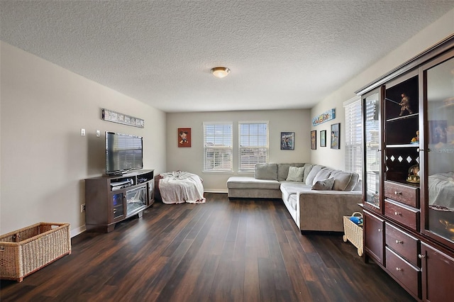 living room featuring dark wood-type flooring and a textured ceiling