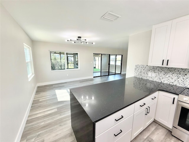 kitchen featuring electric stove, white cabinetry, decorative backsplash, kitchen peninsula, and light hardwood / wood-style flooring