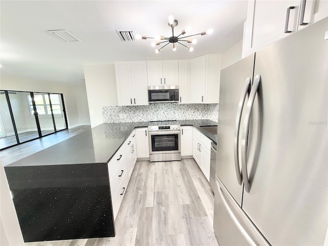 kitchen with white cabinetry, light hardwood / wood-style flooring, appliances with stainless steel finishes, kitchen peninsula, and decorative backsplash