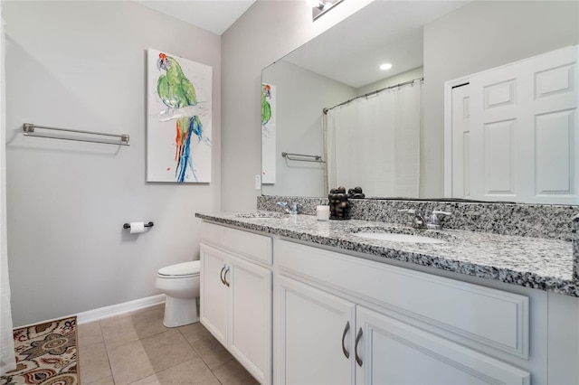 17523 Promenade Dr, Clermont, FL 34711 - bathroom featuring tile patterned flooring, vanity, curtained shower, and toilet