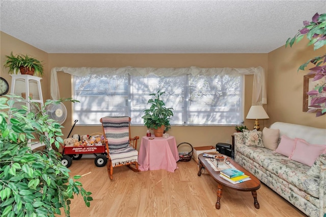 living room featuring a textured ceiling and light wood-type flooring