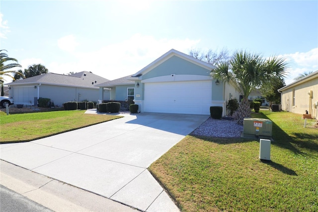 ranch-style home with a garage and a front yard