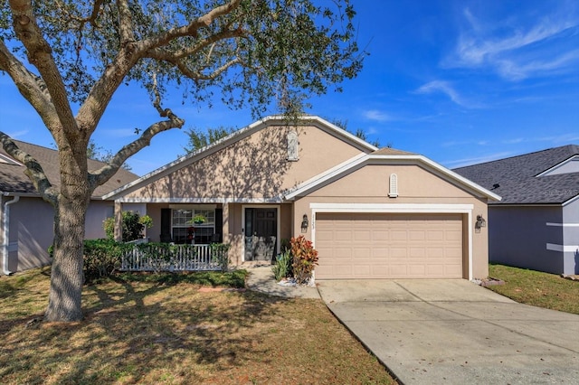 single story home featuring a garage, a front lawn, and covered porch