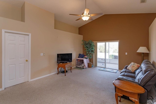 carpeted living room featuring ceiling fan and high vaulted ceiling