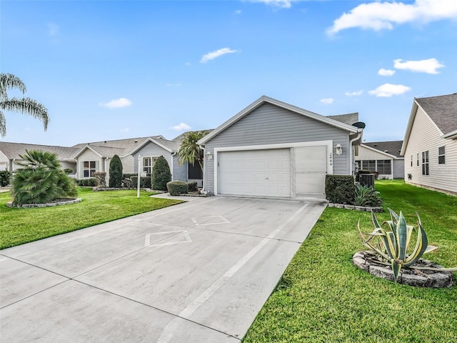 ranch-style house with a garage and a front yard