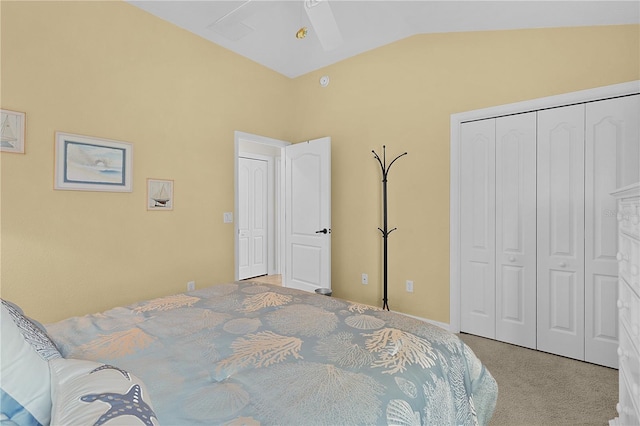 carpeted bedroom with lofted ceiling and a closet