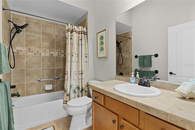 full bathroom with shower / bath combo, tile patterned flooring, vanity, a textured ceiling, and toilet