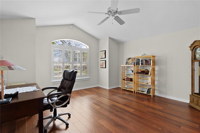 office with dark hardwood / wood-style flooring, vaulted ceiling, and ceiling fan