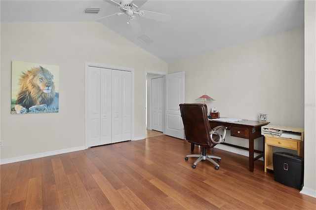 office space featuring wood-type flooring, vaulted ceiling, and ceiling fan