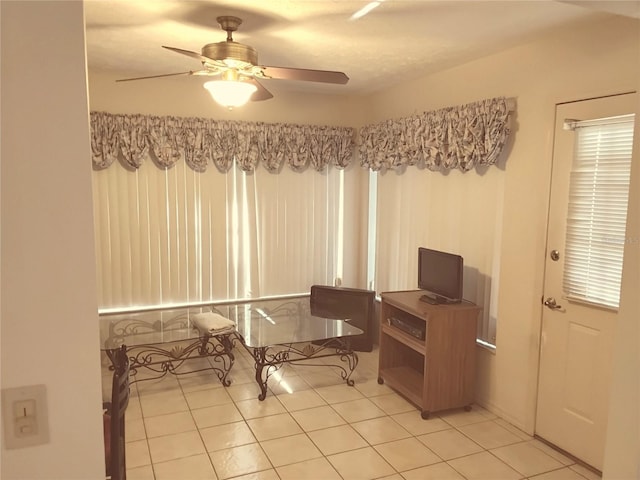 office area featuring ceiling fan and light tile patterned flooring