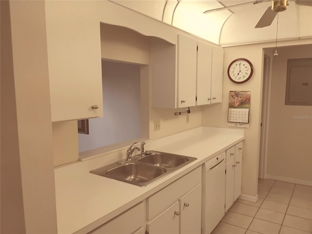 kitchen featuring electric panel, white cabinets, dishwasher, light countertops, and a sink