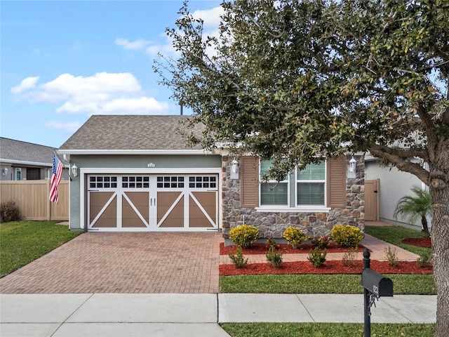 view of front of house with a garage and a front lawn