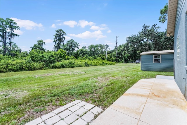 view of yard featuring a patio and an outbuilding