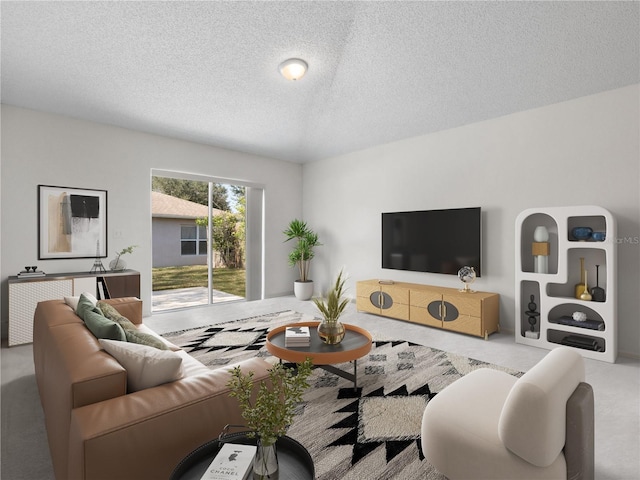 living room featuring a textured ceiling and light colored carpet