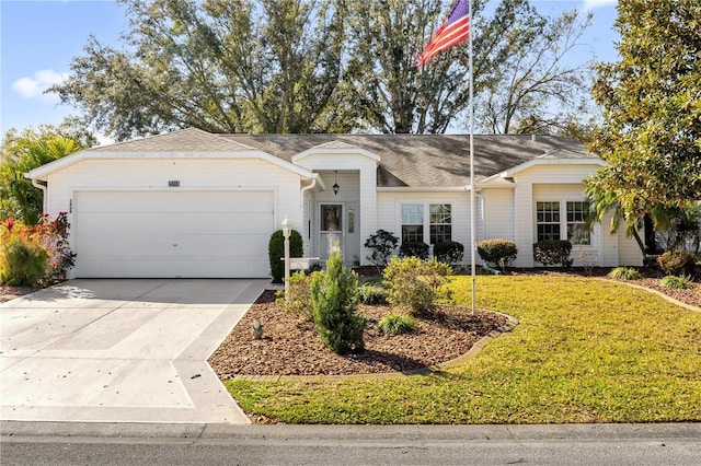 single story home with a garage and a front yard