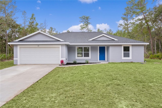 ranch-style home featuring a garage and a front yard