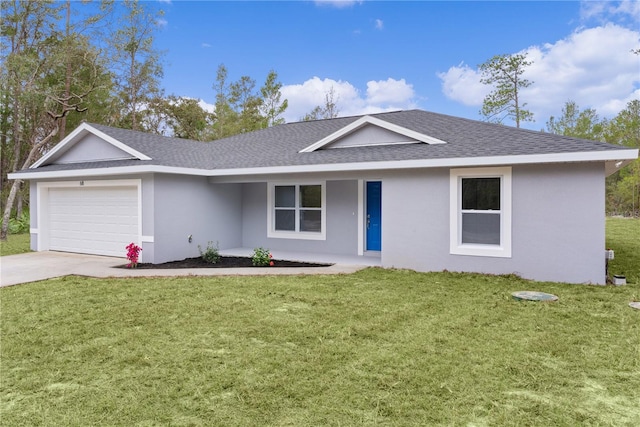 ranch-style house with a garage and a front yard