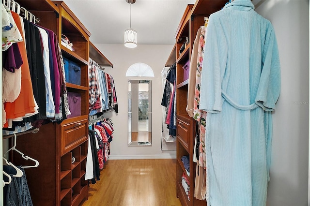 walk in closet with light hardwood / wood-style floors