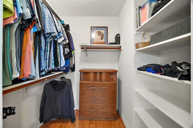 walk in closet with light hardwood / wood-style flooring