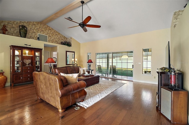 living room with beamed ceiling, ceiling fan, dark hardwood / wood-style flooring, and high vaulted ceiling