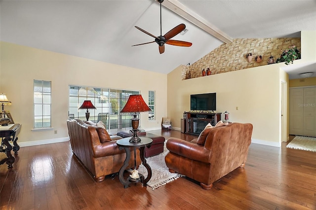 living room with ceiling fan, beam ceiling, dark hardwood / wood-style flooring, and high vaulted ceiling